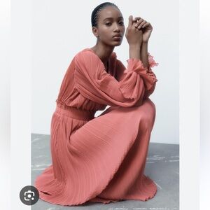 Zara Elegant Pleated Coral Dress